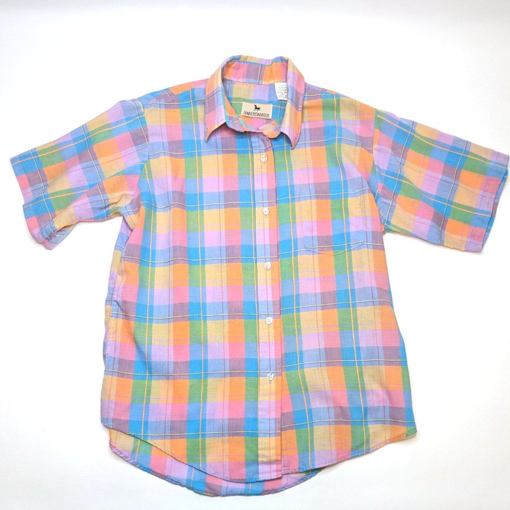 Vintage 80s Haberdasher Pastel Plaid Button-Down Casual Shirt Size Women's 13